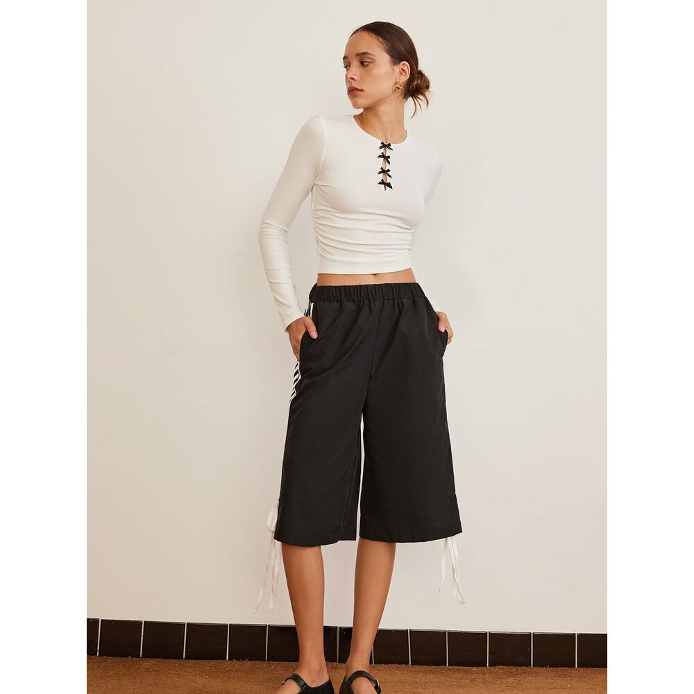 Commense Bow Detail Casual Girly Everyday Long Sleeve T-Shirt White Large